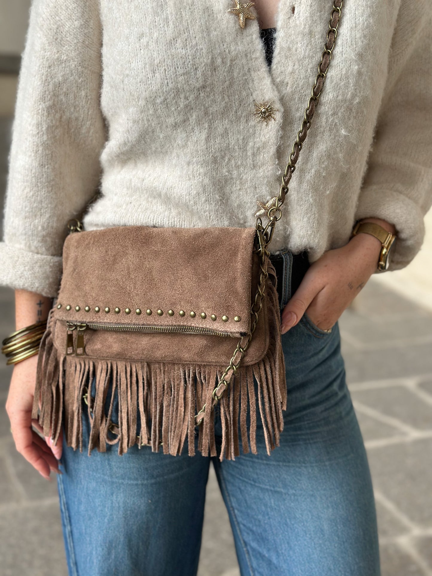 Sac Roxanne - pochette rock en cuir suède